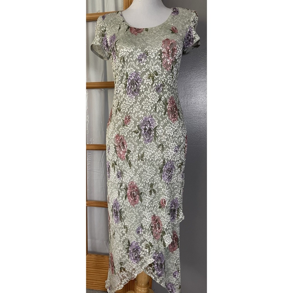 90s Scarlett Floral Lace Sheath Dress 5/6 Sage Pink Shiny Handkerchief Hem Boho